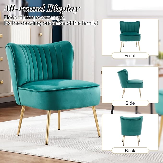 Velvet Accent Chair Set of 4 Comfy Upholstered Side Chair with Gold Metal Legs and Padded Seat Modern Small Corner Armless Living Room Chairs with Wing Back Dark Green