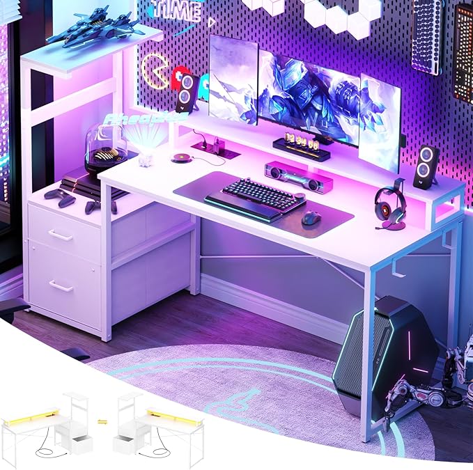 Aheaplus Gaming Desk with LED Strip &amp Power Outlet 59Inch Reversible Computer Desk with Monitor Stand &amp Storage Shelves Home Office Desks with Fabric File Drawer Gamer Table PC Desk White