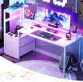 Aheaplus Gaming Desk with LED Strip &amp Power Outlet 59Inch Reversible Computer Desk with Monitor Stand &amp Storage Shelves Home Office Desks with Fabric File Drawer Gamer Table PC Desk White