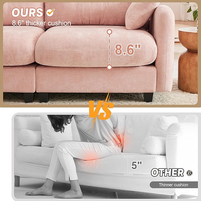 74 Modular Sectional Sofa Comfy Cloud Couch with 2 Ottoman Chenille Sofa Sleeper Deep Seat Sofas with Throw Pillows for Apartment-Pink