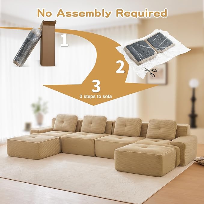Boneless Couch Modular Sectional Sofa 153 Modern Cloud Couch with Deep Seat Comfy Corduroy U Shaped Sectional Couches for Living Room 4 Seater Tufted Floor Sofa with Movable Ottoman Camel
