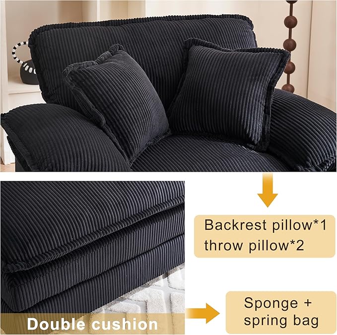 46.9 W Oversized Chair with Ottoman Corduroy Upholstered Chaise Lounge Chair Indoor Reading Chairs Sofa Couche Oversized Comfy Chairs for Living Room Bedroom (Corduroy Black)