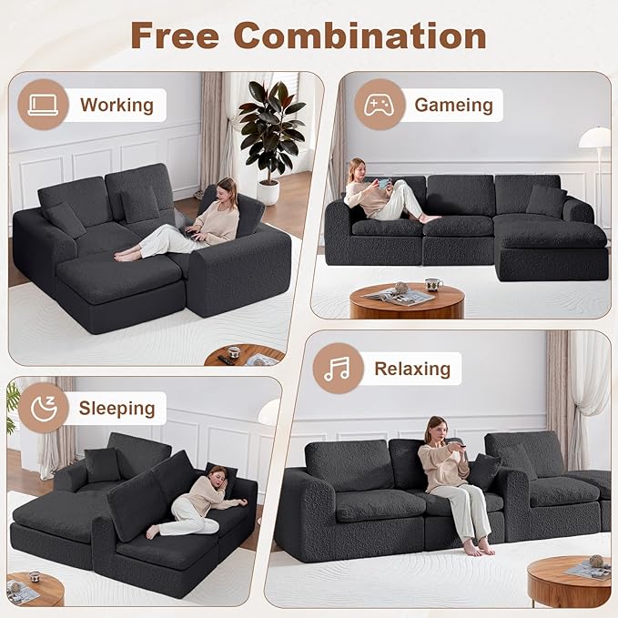 Cloud Couch Sectional 108” Modular Sectional Sofa with Ottoman Modern L-Shaped Couch with Deep Seat Boneless Couches for Living Room No Assembly Required (Snow Grey)