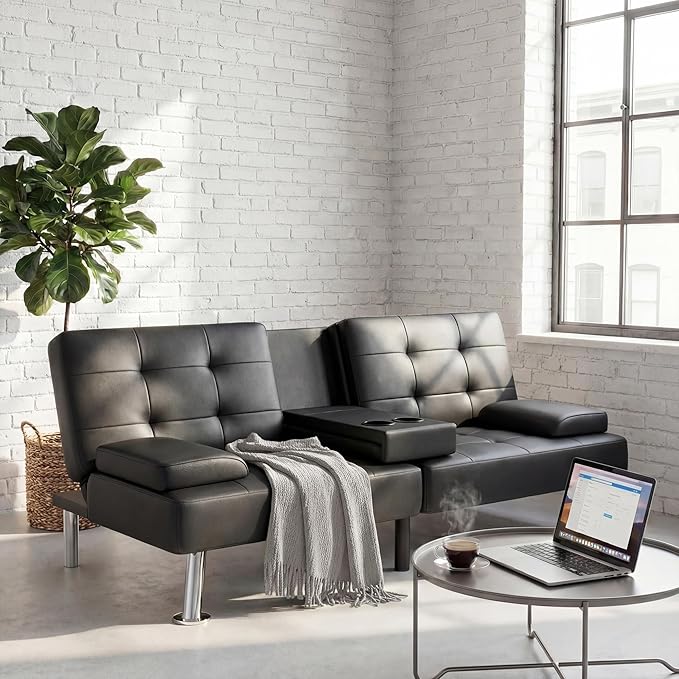 YESHOMY Modern Futon Sofa Bed Convertible Futon Couch with Adjustable Backrest Futon Loveseat Sleeper Sofa Bed with Armrest for Living Room Small SpacesPU Leather Black