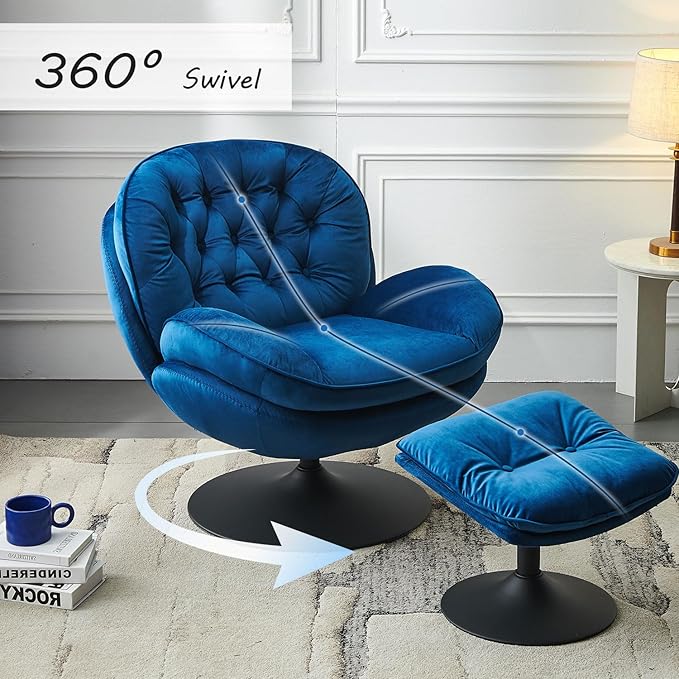 Swivel Accent Chair with Ottoman Set Velvet Modern Lounge Chair with Metal Base Frame &amp Footrest Comfy Lazy Single Leisure Armchair Reading Chair with 360 Swiveling For Living Room/Bedroom/Blue