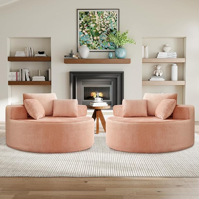 Modern Round Accent Sofa Chair for Living Room Upholstered Soft Terrycloth Barrel Lounge Arm Chair with Large seat&ampThrow Pillows for Bedroom Office Apartment Pink