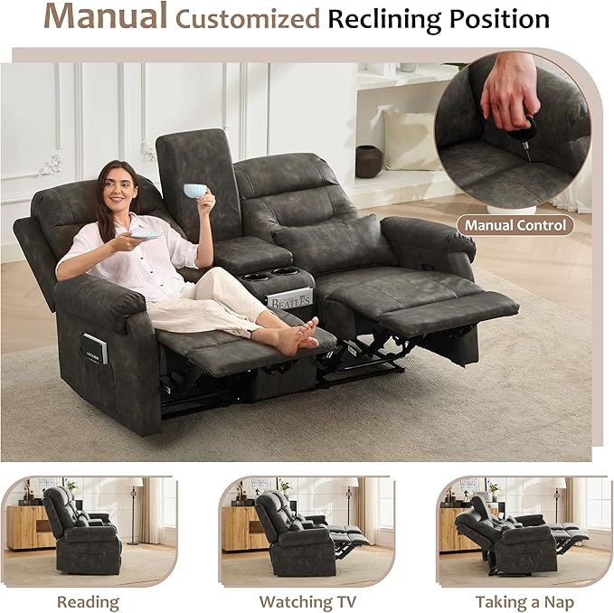 DRMBOOK RV Loveseat Recliner Sofa with Console Faux Leather Double Wall Hugger Reclining Couch Manual Home Movie Seating 2 Person Recliner Chair with Cup Holders/Storage/Pocket/Pillow Black&ampGrey