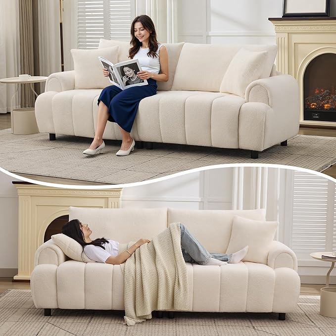 88 Modern Boucle Sofa Couch Oversized Comfy 3 Seater Sherpa Curved Sofas Deep Seat Upholstered Loveseat Teddy Round Arm Couches for Living Room Bedroom Beige