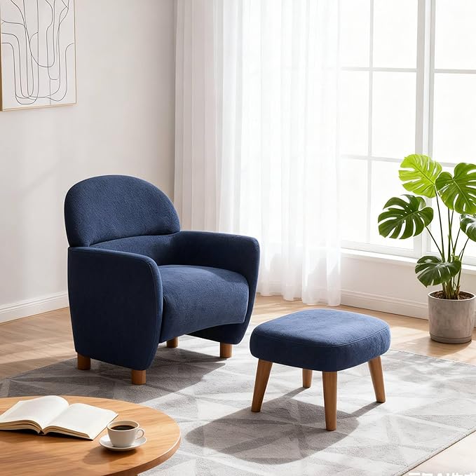 Modern Barrel Chair with Ottoman Upholstered Armchair with Wooden Legs Backrest Single Sofa Soft Cushion Seating Comfy Lounge Chair for Living RoomBedroomReading Corner (Blue)