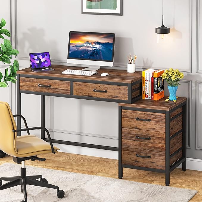 Tribesigns Computer Desk with 5 Drawers Home Office Desks with Reversible Drawer Cabinet Printer Stand Industrial PC Desk with Storage Rustic Study Writing Table Workstation for Small Spaces