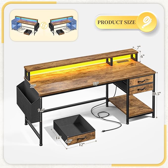 55 Gaming Desk with LED Strip Computer Desk with Drawers &amp Storage Bag Office Desk with Power Outlets &amp Monitor Stand Home Office Desks for Bedroom Gaming Room Rustic Brown