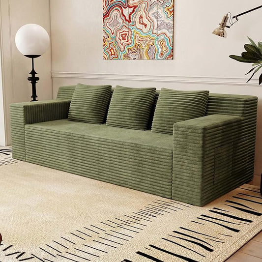71 Small Boneless Couch Corduroy 3 Seater Couch for Living Room with 3 Pillows &amp Armrests Deep Seat Sofa for Small Spaces Apartment﻿ (Antique Green) | Small Boneless Couch