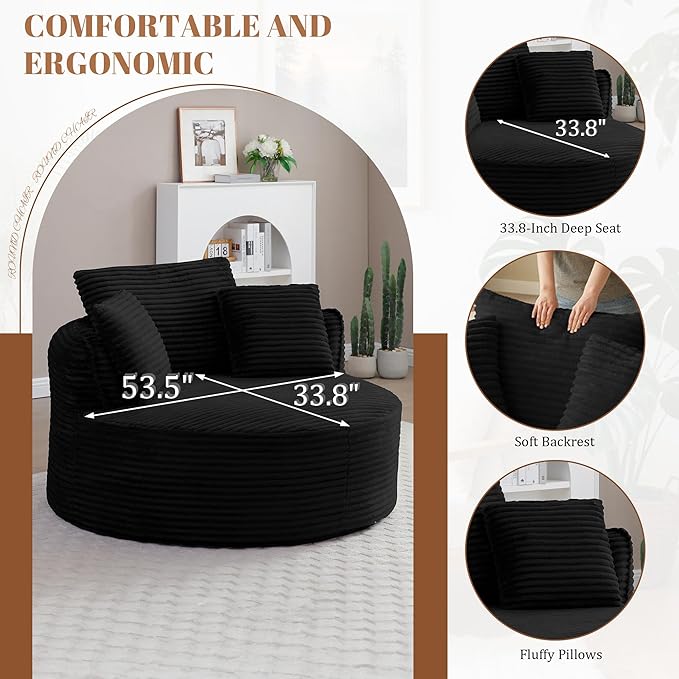 53W Oversized Round Chair Lounge Chaise Indoor Corduroy Comfy Circle Reading Armchair Upholstered Modern Cloud Boneless Chairs Cozy Floor Sofa Chair for Living Room Bedroom Apartment(Black)
