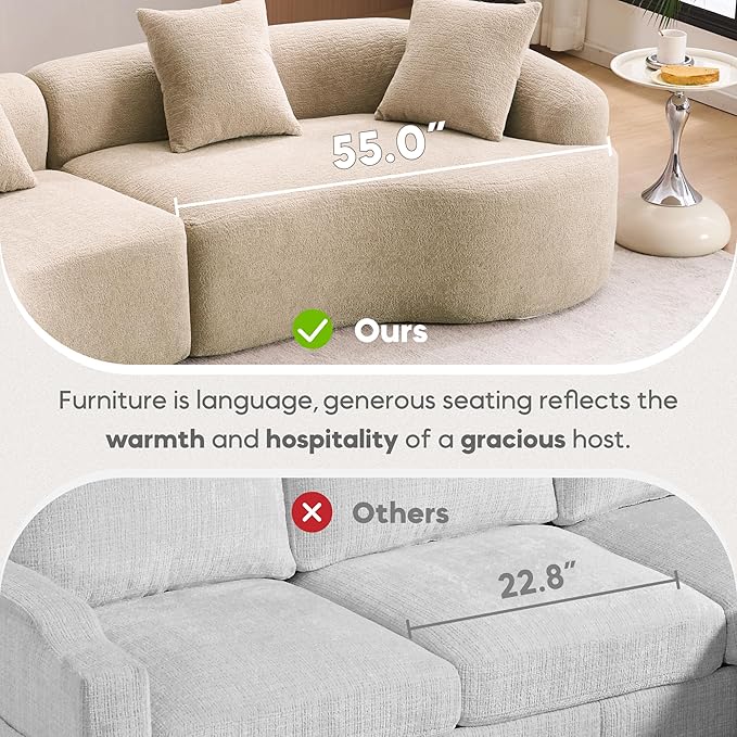 Yoglad 110‘’ Boneless Curved Sofa Modern Cloud 4-Seater Floor Couch Minimalist Compression Sofa for Living Room Apartment Studio Office No Assembly Needed(Chenille Beige Pink)