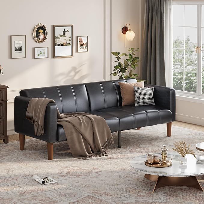 GarveeHome Futon Sofa Bed 75-Inch Modern Faux Leather Convertible Couch Mid-Century Loveseat for Small Space Living Room Bedroom Black