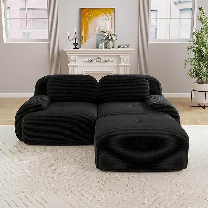 Boneless Sectional Couch No Assembly Required 81.8” L Shaped Modular Cloud Sofa with Pillow and Ottoman Deep Seat Corduroy Couch for Living Room Bedroom Office Apartment
