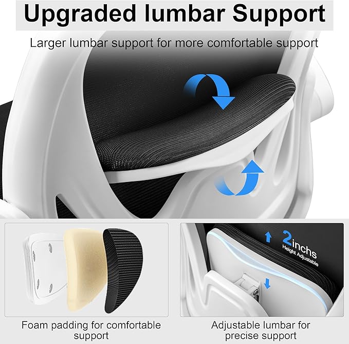 Drafting Chair Tall Office Chair with Flip-up Armrests Adjustable Height and Enhanced Lumbar Support - Ergonomic Rolling Stool Back Support and Adjustable Foot Rest Ring for Standing Desk White