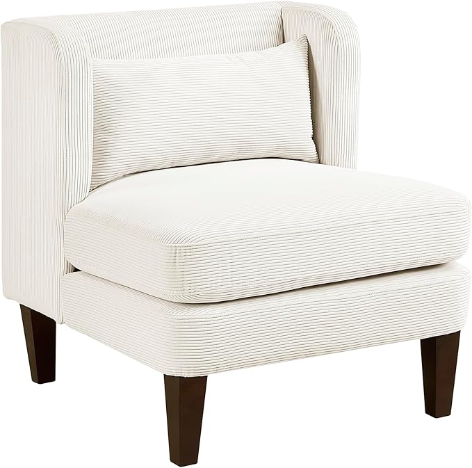 Lexicon Armless Living Room Accent Chair Corduroy Fabric Upholstered Single Sofa Chair with Pillow Solid Wood Legs Wing Back for Bedroom/Office/Waiting Area Beige