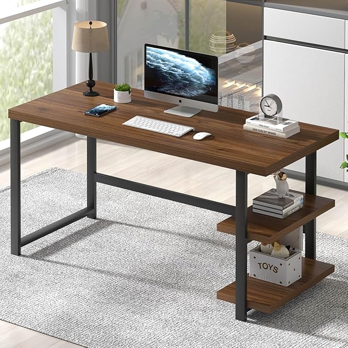 FOLUBAN Modern Computer Desk Wood Home Office Desk Study Writing Gaming Table Workstation with Storage Shelves for Living Room Bedroom Rustic Walnut 53 Inch