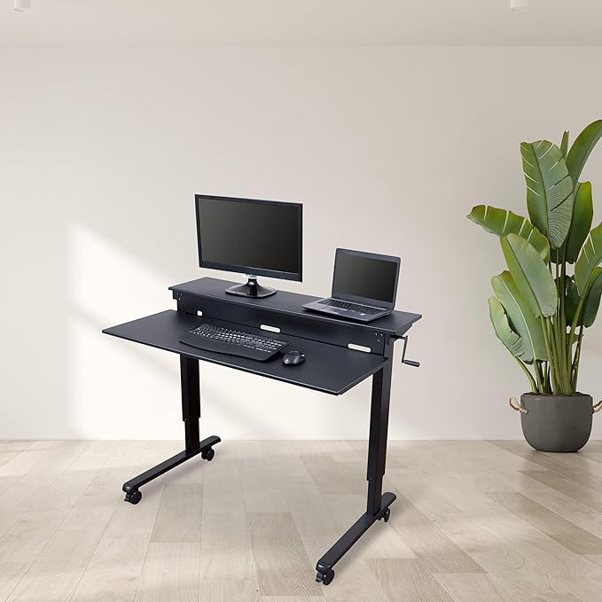 Stand Up Desk Store Crank Adjustable Two Tier Standing Desk with Heavy Duty Steel Frame (Black Frame/Black Top 48 Wide)