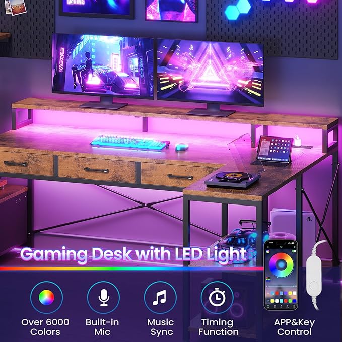 SEDETA 59Inch L Shaped Gaming Desk with PC Display Stand Reversible Computer Desk with Storage Shelves 4 Drawer &amp LED Lights Modern Gamer Desk Table with Power Outlet Monitor Stand Rustic Bro