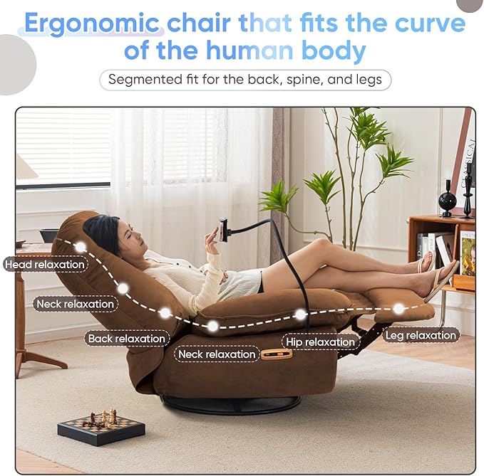 Oversized Electric Recliner Chair 360 Swivel Rocking Glider Rocker for Adults Modern Ergonomic Lounge for Living Room Phone Stand&amp Smart Voice Control Theater Seating (Brown Fabric)
