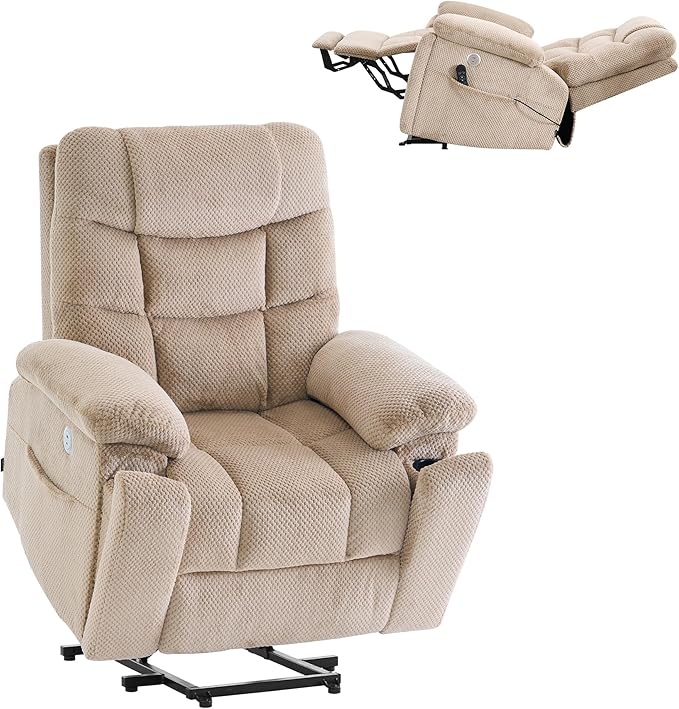Oversized Power Lift Recliner Dual Motor Elderly Lift Chair with Independent Backrest &amp Footrest Adjustment Hidden Cupholder USB-A/USB-C Charging Ports Lounge Chair for Living Room