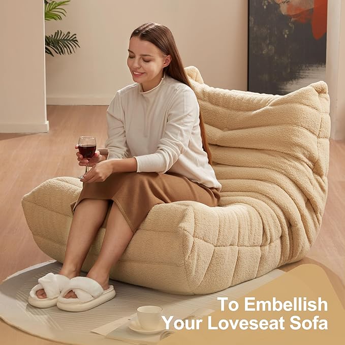 Bean Bag Chairs for Adults Giant Bean Bag Chair Memory Foam BeanBag Chair Bean Bag Sofa with Filler Faux Fur Fireside Beanbags Lazy Sofa for Living Room Bedroom Office (Khaki Teddy Single)