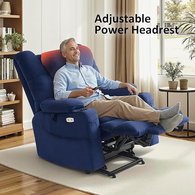 MCombo Large Triple Motor Power Lift Recliner Chair with Massage and Dual Heating Adjustable Headrest for Big and Tall Elderly People Fabric R7524 (Navy Blue Medium-Oversize)