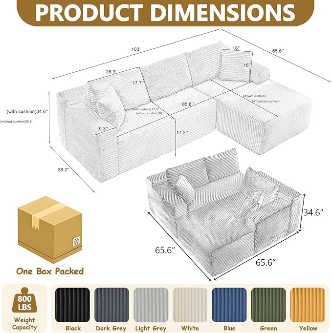 103'' Boneless Cloud Couches for Living Room Corduroy L Shaped Modular Sectional Sofa Couch W/Deep Seat &amp High-Back Comfy Memory Foam Couch Sofa in A Box (Light Grey Right Facing Chaise)