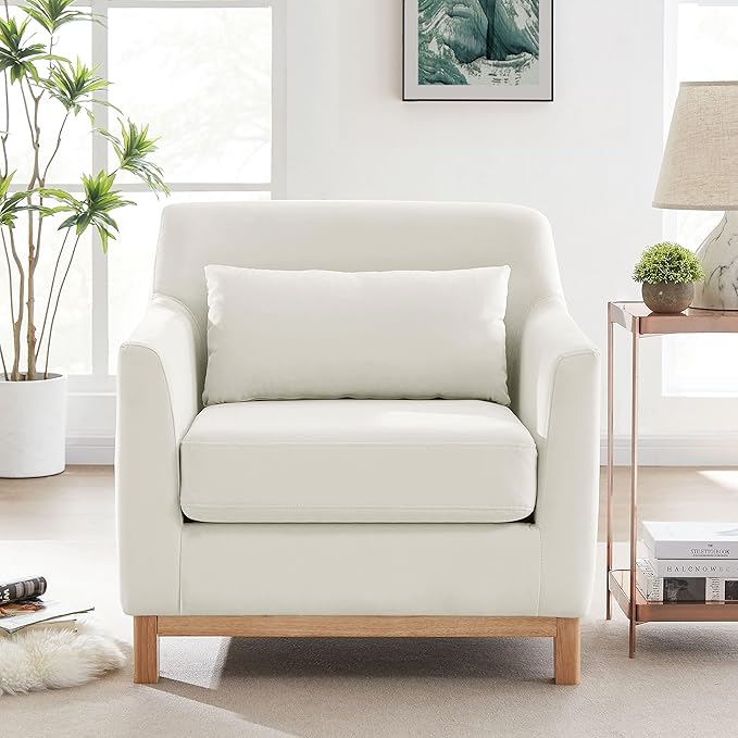 Extra Deep Accent Chair Fabric Upholstered Comfy Reading Armchair for Living Room Bedroom Single Seat Sofa Chair with Wood Base Velvet Beige