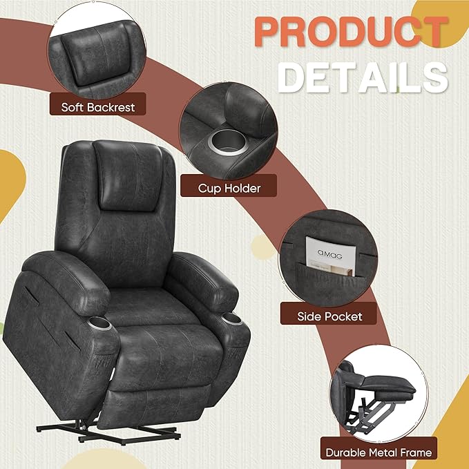 Electric Power Lift Recliner Chair with Massage for Elderly Corduroy Fabric Recliner Single Sofa with Cup Holders Side Pockets and Remote Control for Living Room Bedroom (Leathaire Dark Gray)