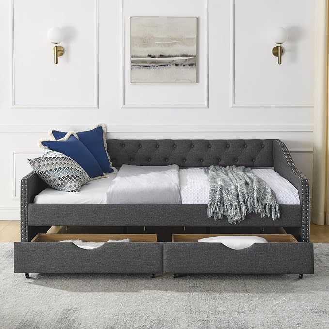 Full Size Upholstered Tufted Daybed with Drawers Dark Grey Linen Sofa Bed with Waved Arms Copper Nailhead Trim Mid-Century Style Eucalyptus Wood Frame
