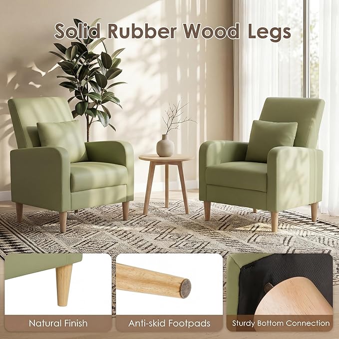 COLAMY Mid-Century Modern Upholstered Accent Chair with Back Pillow &amp Solid Wood Legs Leather Cozy Armchair for Living Room Bedroom Reading Nook Apartment &amp Small Spaces Green
