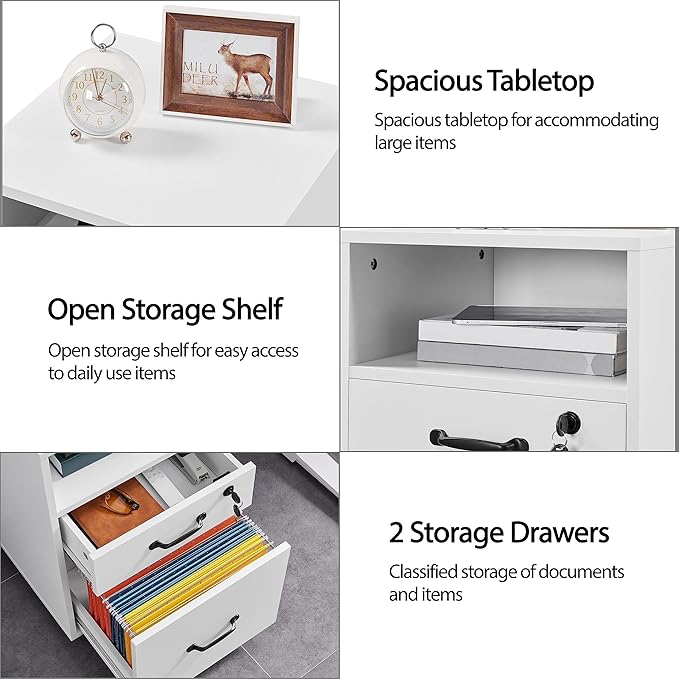 Topeakmart File Cabinet 2-Drawer and 1-Open-Shelf Rolling Filing Storage Printer Stand with Wheels Lock for A4/ Legal/Letter 16″ L×16″ W × 26″ H White