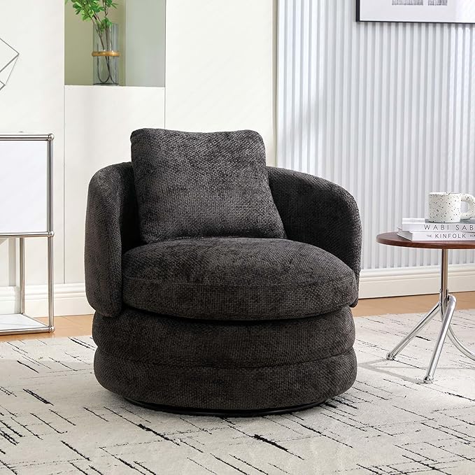 360° Small Swivel Accent Chair Round Swivel Barrel Chair with Round Backrest &amp Wide Seat Comfy Chenille Barrel Chairs for Living Room Bedroom Easy 15-Min Assembly Boucle (Dark Gray)