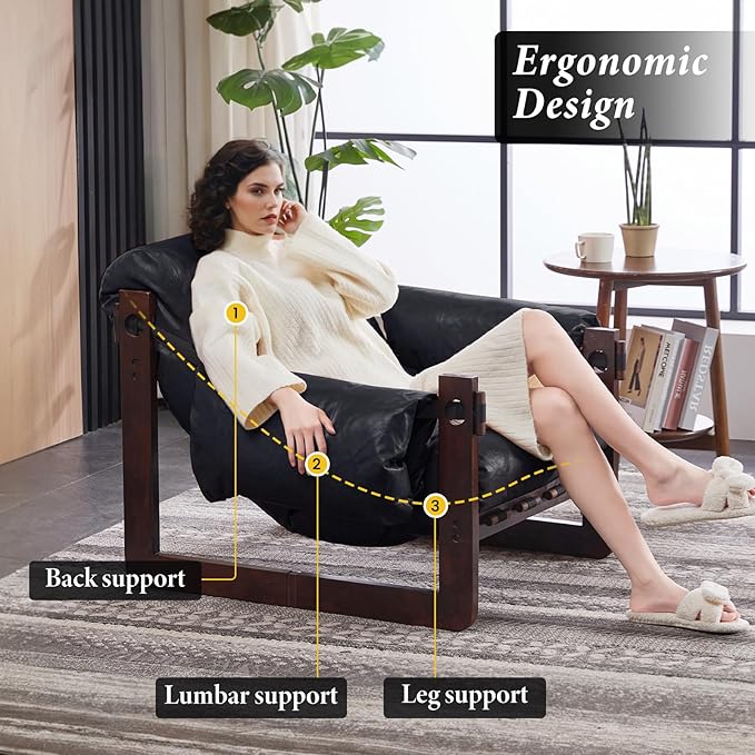 Furnilivng Modern Lounge Accent Chair Comfortable Oil Waxed Leather Arm Chair with Sturdy Wood Frame Upholstered Cozy Sofa Chair for Living Room Bedroom Dressing Room Home Office Black