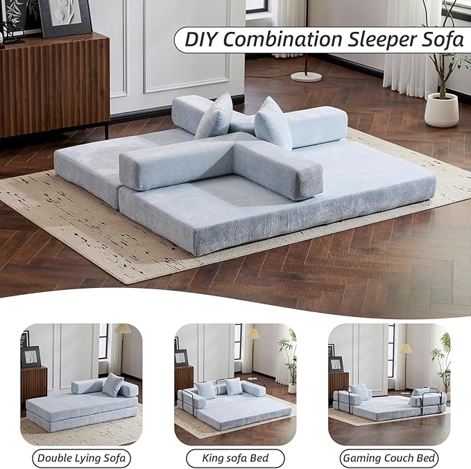Folding Sofa Bed Convertible Sleeper Sofa Chenille Floor Couch with Pillows Fold Out Couch King Size Bed Futon  Foldable Memory Foam Mattress for Living Room Bedroom Playroom (Light Blue)