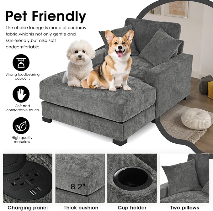 41 Inches Chaise Lounge Indoor Comfy Reading Chair with 2 PillowsUSB Charger Cup Holder Adjustable Backrest Sofa Bed Lazy Chair Sleeper Couch for Apartment Grey Polyester