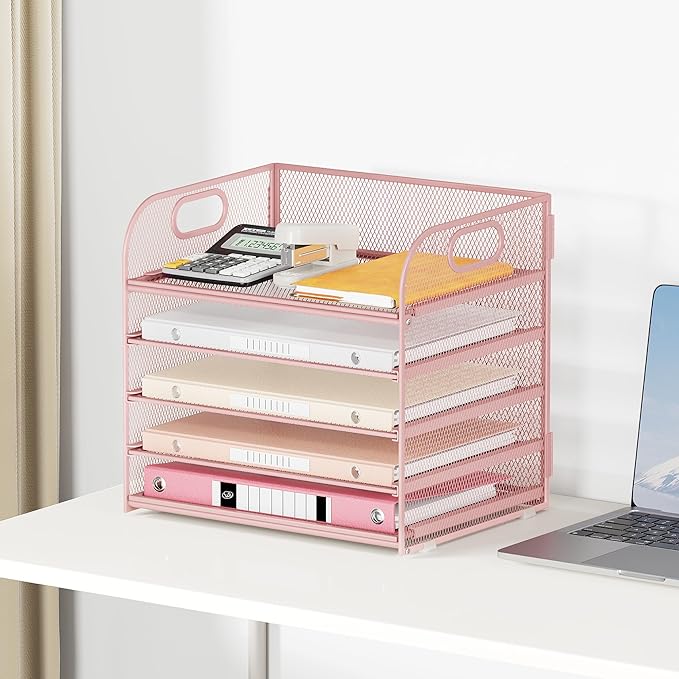 Lavatino Desk Paper Organizer with Handle 2 Pack 5-Tier Pink Mesh Desk File Folder Holder Letter Tray Sorter Organizer for Office Home or School