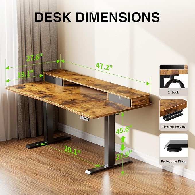 Veken 47.2×27.6 Standing Desk with Storage Drawers Adjustable Height Computer Table with Monitor Shelf Home Office Desk for Study Gaming Workstation Brown