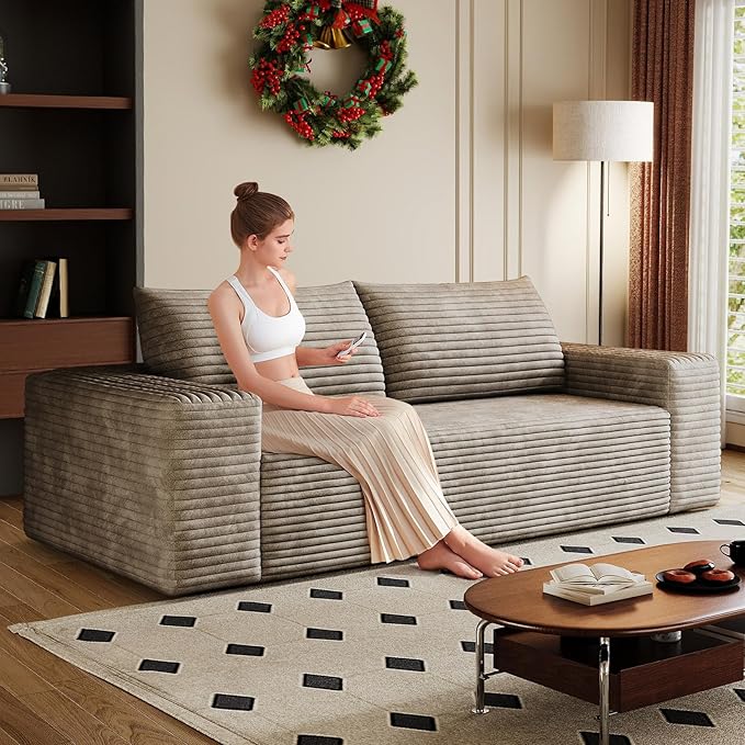 Cloud Loveseat Sofa Corduroy Boneless Couch with High Density Memory Foam Comfy Small Foam Couch in a Box No Assembly Modern Floor Compressed Sofa for Living Room Bedroom Small Space(63WCamel)