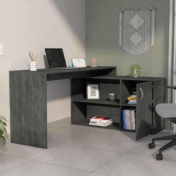 Penau L-Shaped Office Desk with 1 Drawer and 2 Shelves Smokey Oak Finish Corner Desk for Space Saving 59.64 Inches Wide Ideal for Home or Office Manufactured Wood Construction