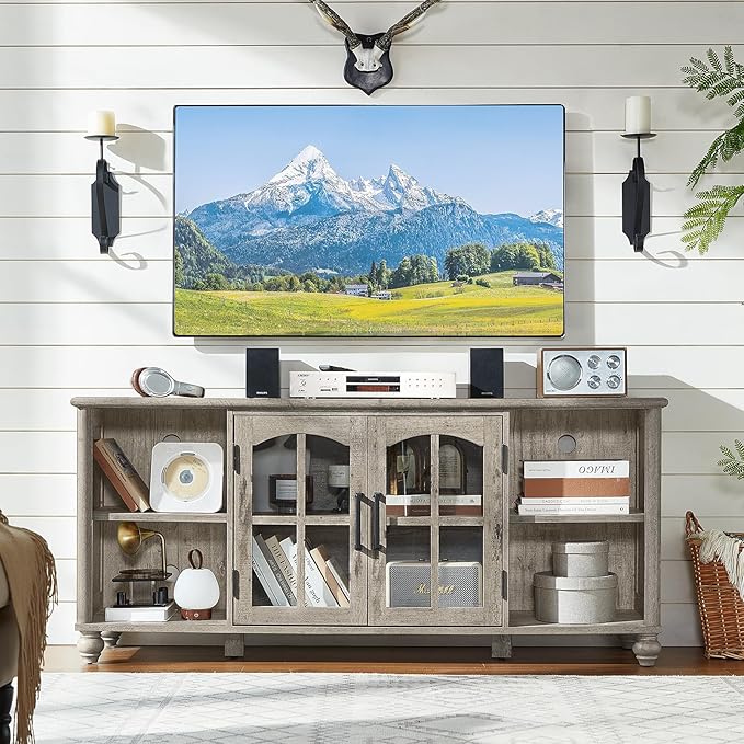 Farmhouse TV Stand for 60 Inch TV Wood Entertainment Center with Glass Door Storage Cabinet &amp Adjustable ShelvesTelevision Stands for 65 TVS Grey TV Console Table for Living RoomBedroom