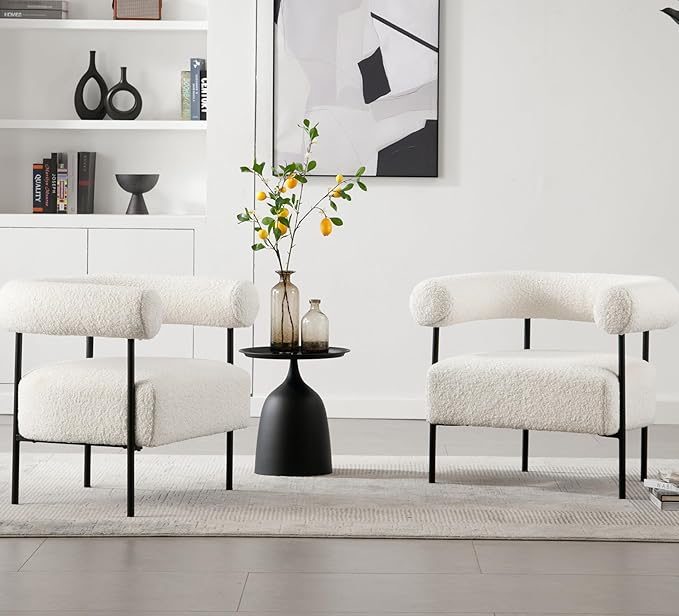 Modern Accent Chairs Set of 2 White Boucle Side Chairs with Curved Back Sherpa Barrel Vanity ChairsArmchairs with Black Metal Legs &amp Upholstered for Living Room Makeup Room