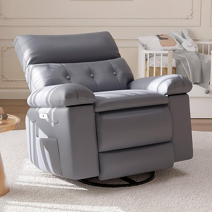 GarveeHome Oversized Power Rocker Swivel Recliner Chair - Heat and Massage PU Leather Electric Glider Rocking Chair with USB Charge Glider Recliner Nursery Chair for Living Room Nursery Bedroom