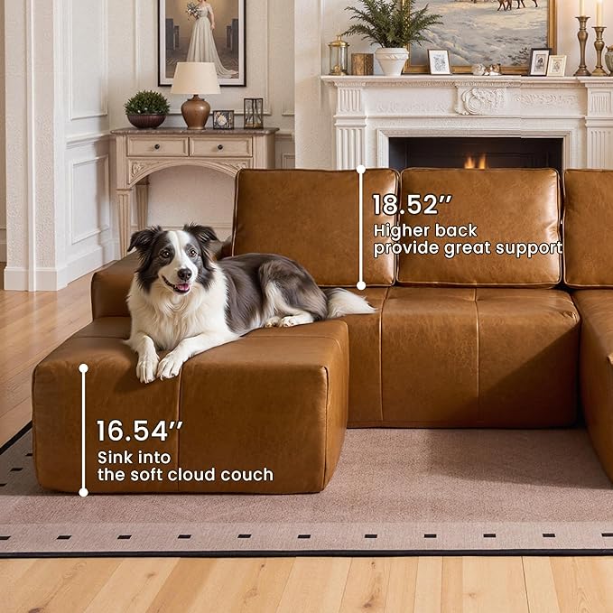114 Cloud Sectional Couch with L-Shape Chaise &amp Ottoman Modern Boneless Couches for Living Room Fluffy Tufted Deep Seat Modular Sofa No Assembly (Faux LeatherBrownRight Facing)