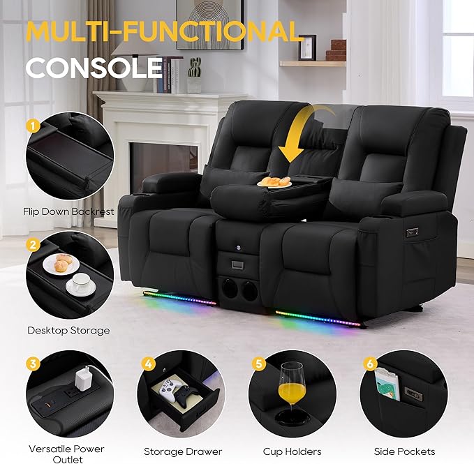 IPKIG Power Recliner Loveseat with Console Zero Wall Hugger Sofa Couch Faux Leather 2-Seater Sofa with LED Lights AC Outlets USB Ports Cup Holders Charcoal Black | Storage Drawer Bluetooth Spea