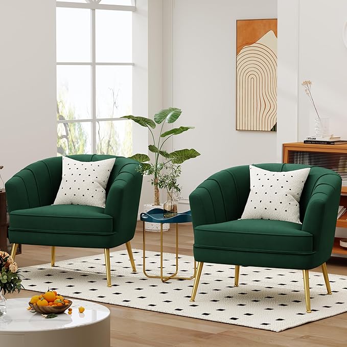 Velvet Accent Chairs for Living Room Bedroom Office - Upholstered Single Sofa Arm Chair with Metal Legs Green