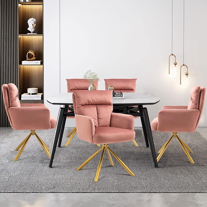NORDICANA 180° Swivel Velvet Living Room Chair Modern Dining Armchair with Golden Legs Ergonomic Upholstered Accent Chair Single Sofa for Bedroom Reading Home Office Rose Pink